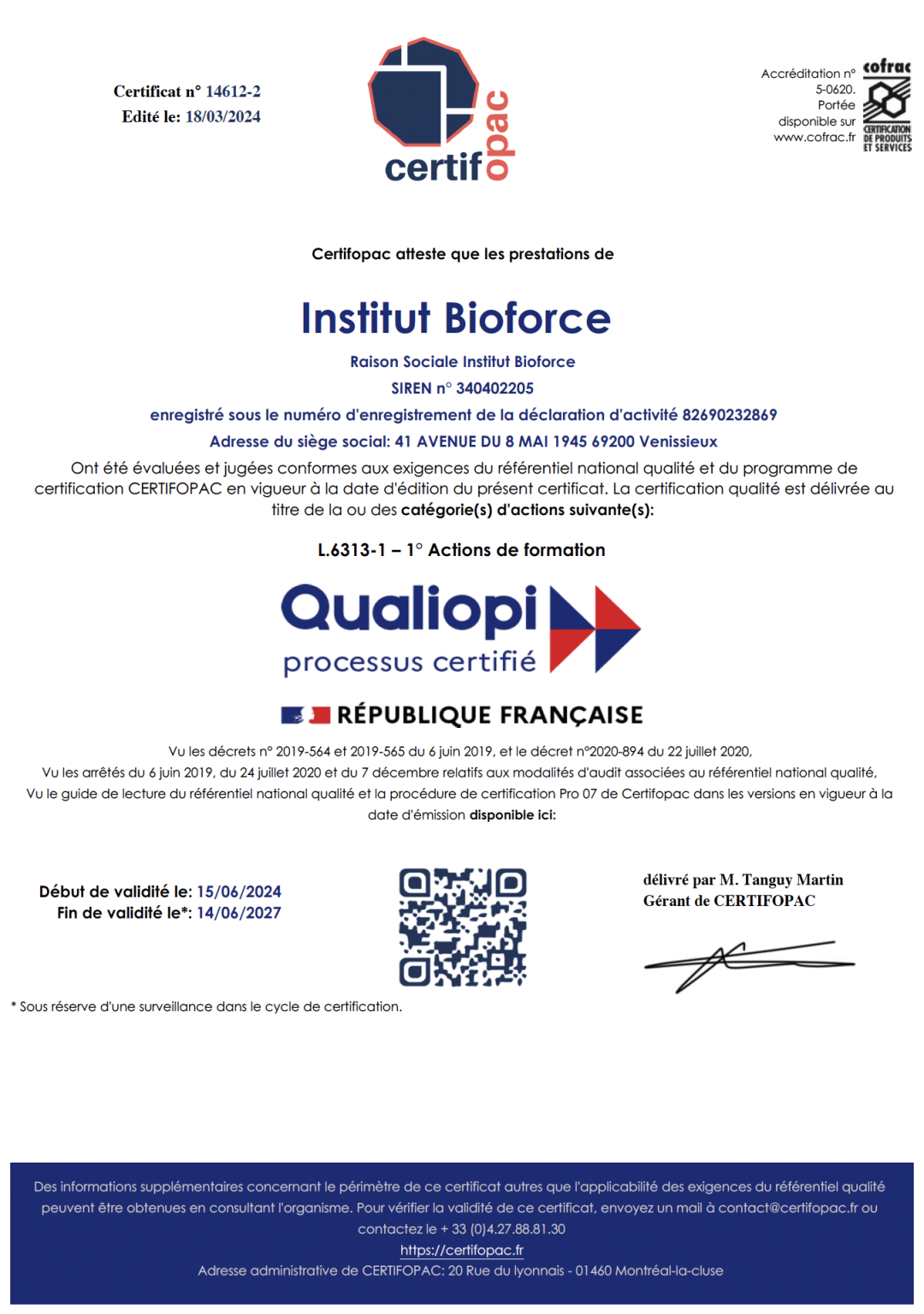 Certificat Qualiopi pour Institut Bioforce - 06/2024-06/2027